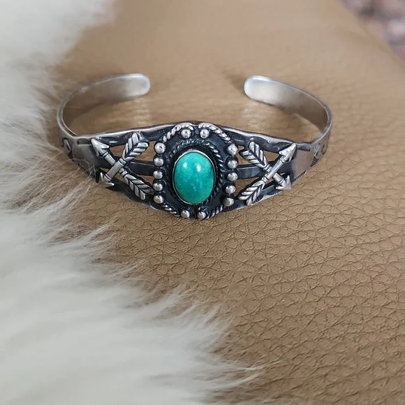 Cool Vintage Native American Turquoise Fred Harvey Cuff Bracelet 💚🎁🩶 - Picture 13 of 15